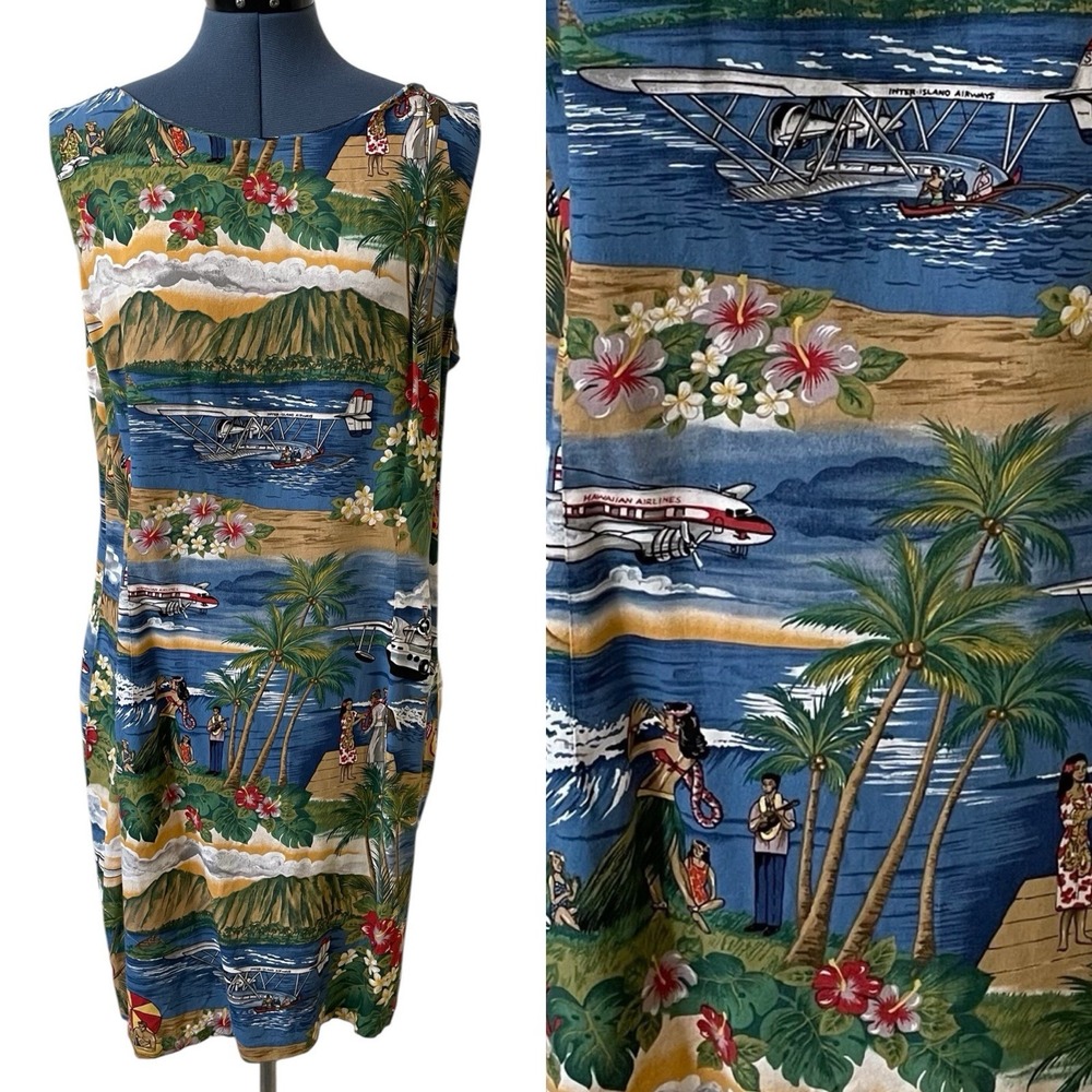 VTG‎ Reyn Spooner Womens Sleeveless Hawaiian Landscape Luau Beach Shift Dress XL